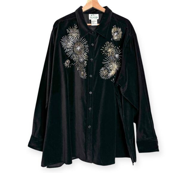 Quacker Factory Black Velour Fireworks Embroidered New Year Tunic Women's 3X - Picture 1 of 9